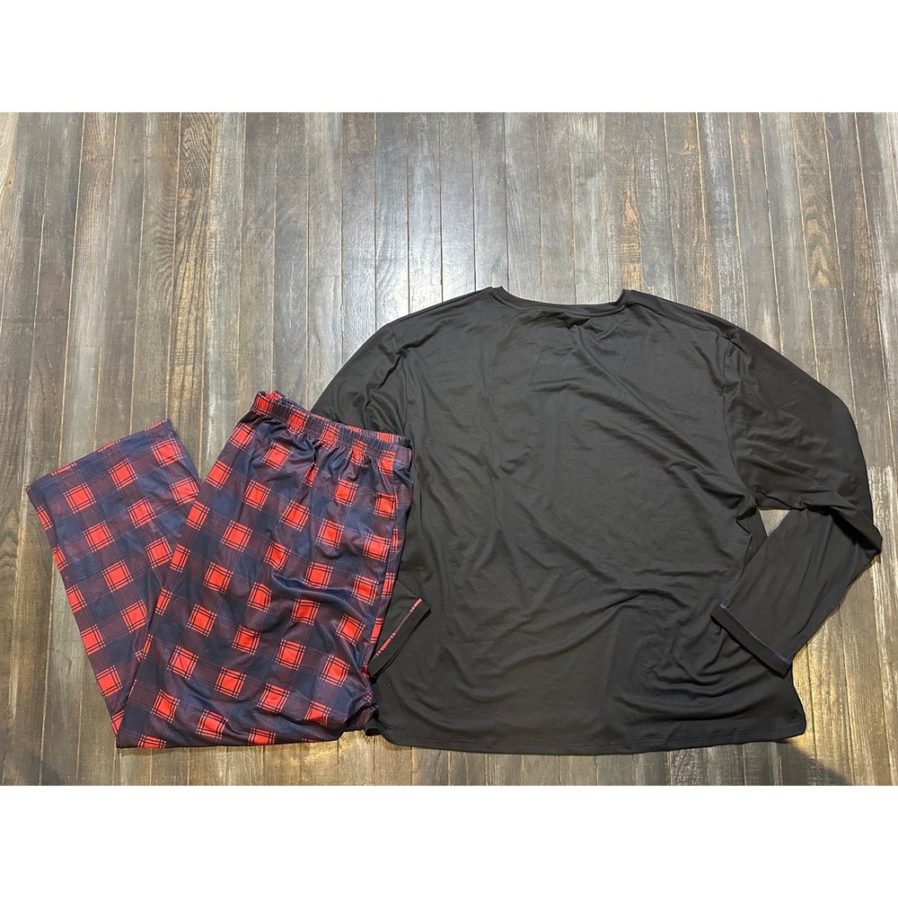 MoFiz Mens Pajama Set Black Long Sleeve Top Red Plaid Pants 3XL